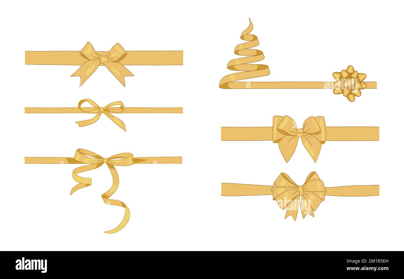 Goldenes Geschenkband mit Schleifen in verschiedenen Formen. Stock Vektor