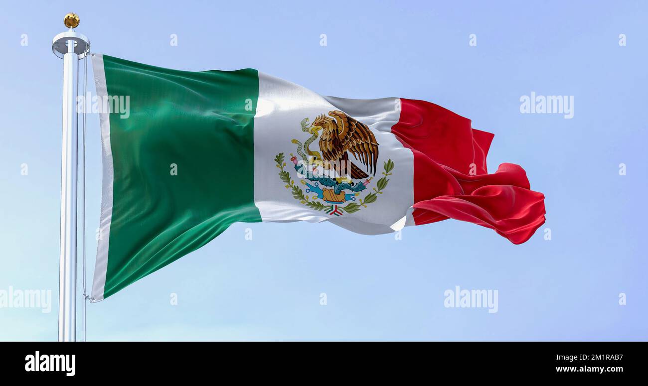 Mexikanische Nationalflagge, die im Wind winkt. Mexiko ist ein Land im südlichen Teil Nordamerikas. Texturierter Hintergrund. Selektiver Fokus. R Stockfoto