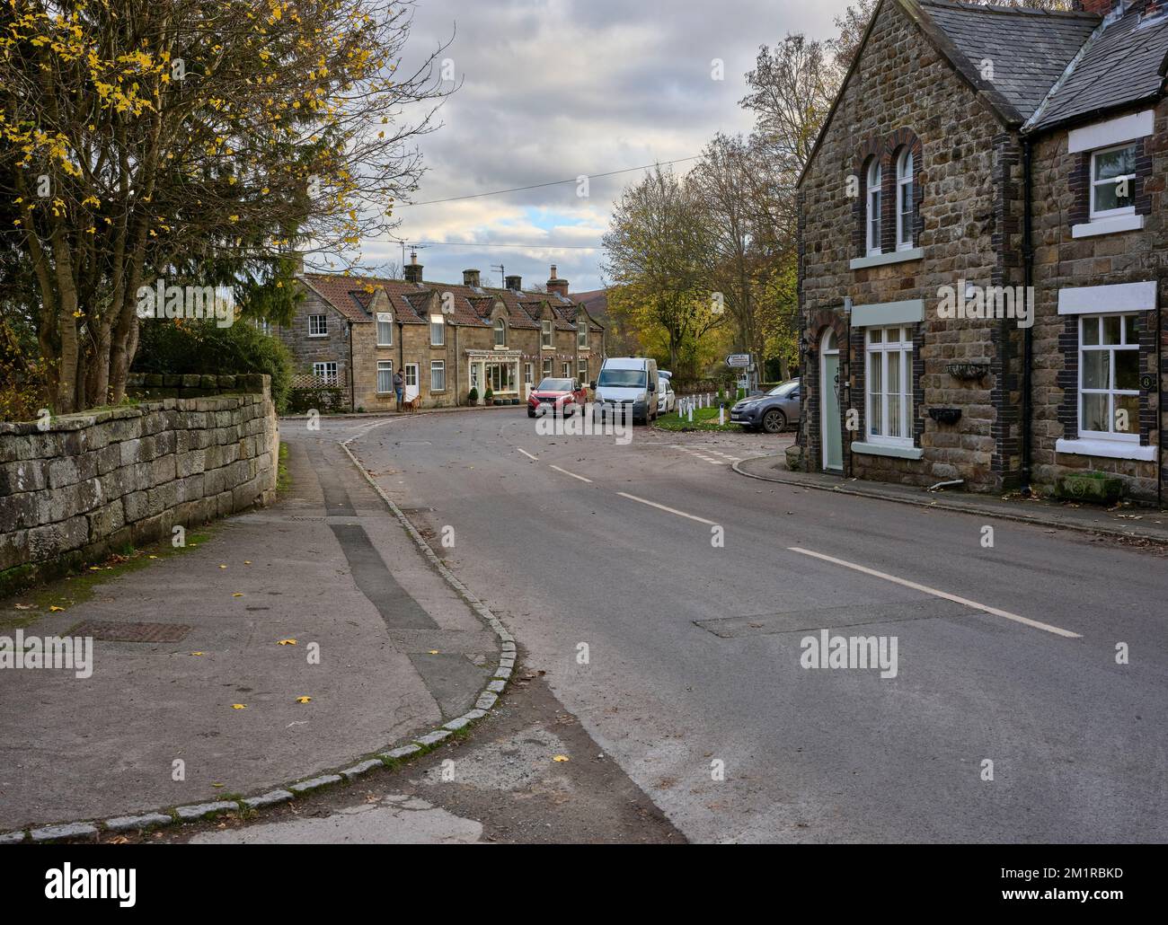 Mit dem Café „Graze on the Green“, das vor Ihnen liegt, erstrahlt die Sonne am späten Nachmittag die Herbstfarben auf der Straße, die nach Süden in die Rosedale Abbey führt. Die Nordyorker Stockfoto