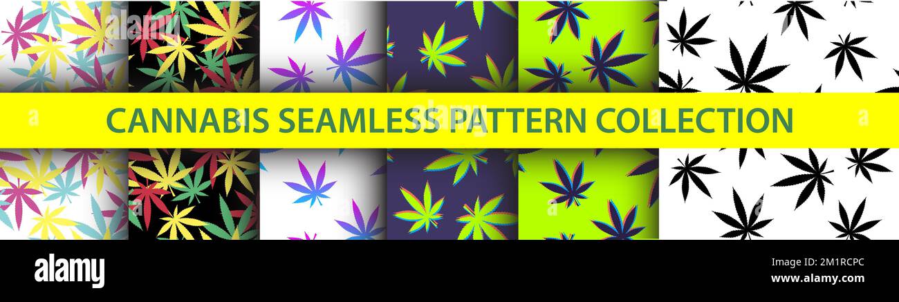 420 Seamless Pattern Kollektion. Psychedelische Grafikvektorgruppe. Vom Marihuana inspiriertes Design-Paket. 3D Topfsilhouetten. Reggae-Hintergrund mit Cannabis Stock Vektor