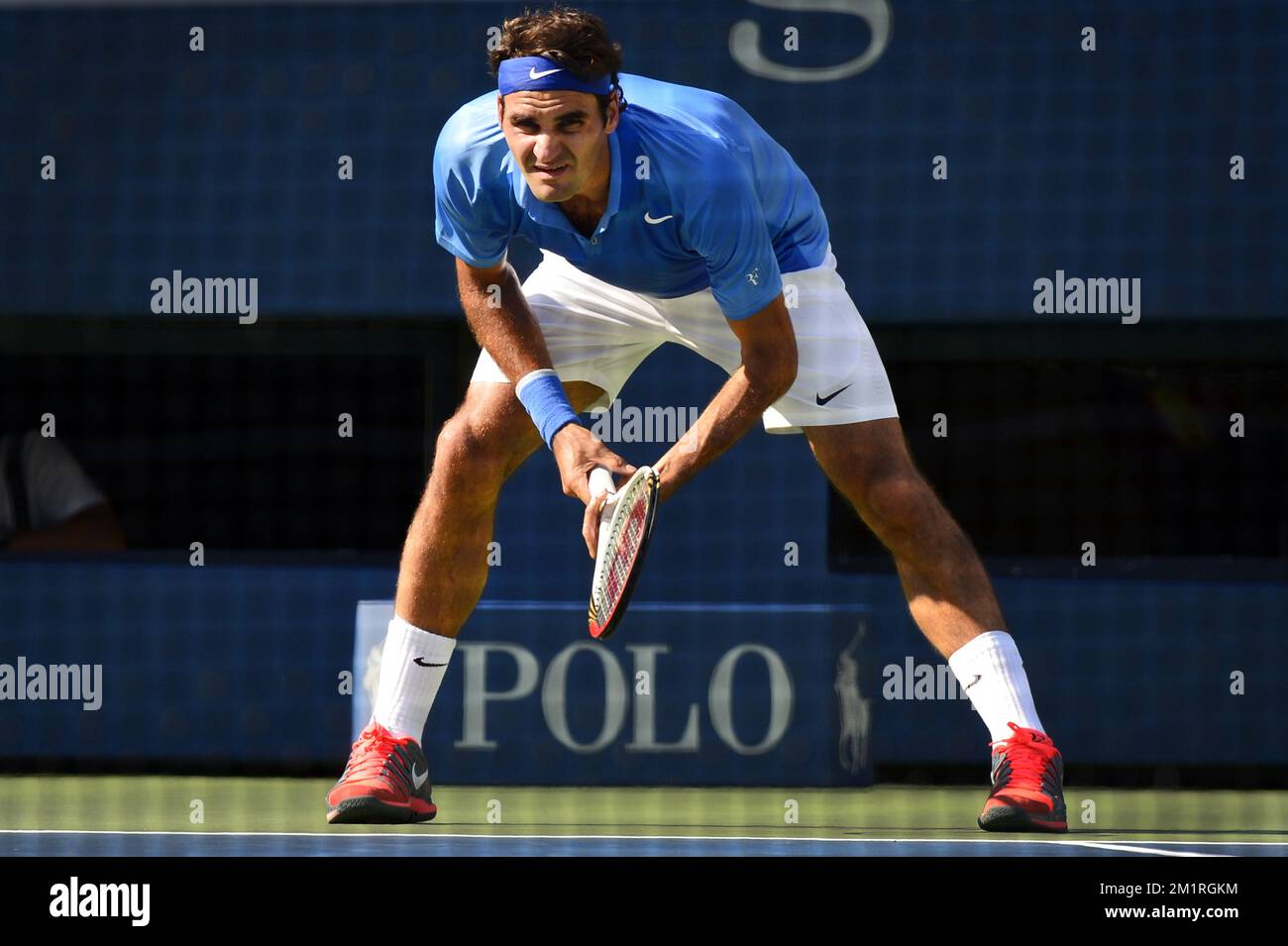 Swiss Roger Federer wurde am Dienstag, den 27. August 2013 beim US Open Grand Slam Tennis Turnier in Flushing Meadows in New York City, USA, fotografiert. Die US Open beginnen am 26. August 2013. Stockfoto