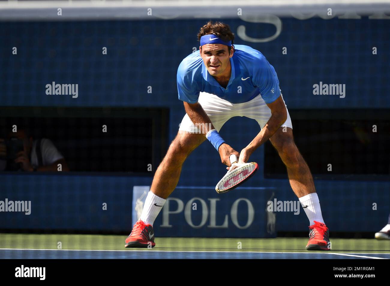 Swiss Roger Federer wurde am Dienstag, den 27. August 2013 beim US Open Grand Slam Tennis Turnier in Flushing Meadows in New York City, USA, fotografiert. Die US Open beginnen am 26. August 2013. Stockfoto