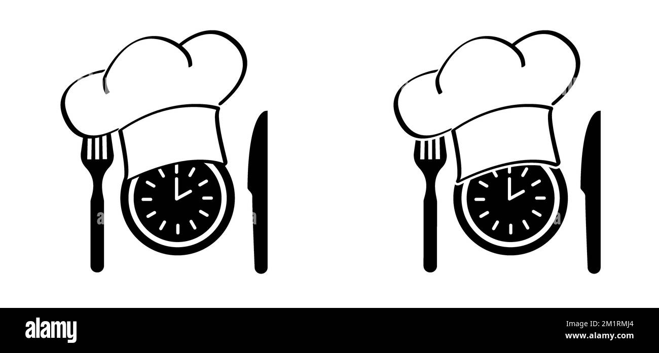 Essenszeit, Uhr. Symbol für Platte, Gabel, Messer. Speisesymbol für Bar, Café, Hotelkonzept. Das Essenssymbol in Schwarz. Bereit, gesunde Lebensmittel zu essen. Vektor-Logo si Stockfoto