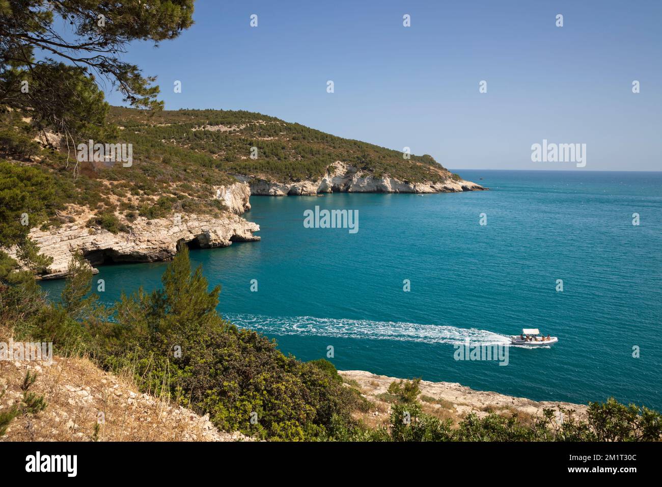 Boot entlang der küste von gargano, Vieste, Halbinsel Gargano, Provinz Foggia, Apulien, Italien, Europa Stockfoto