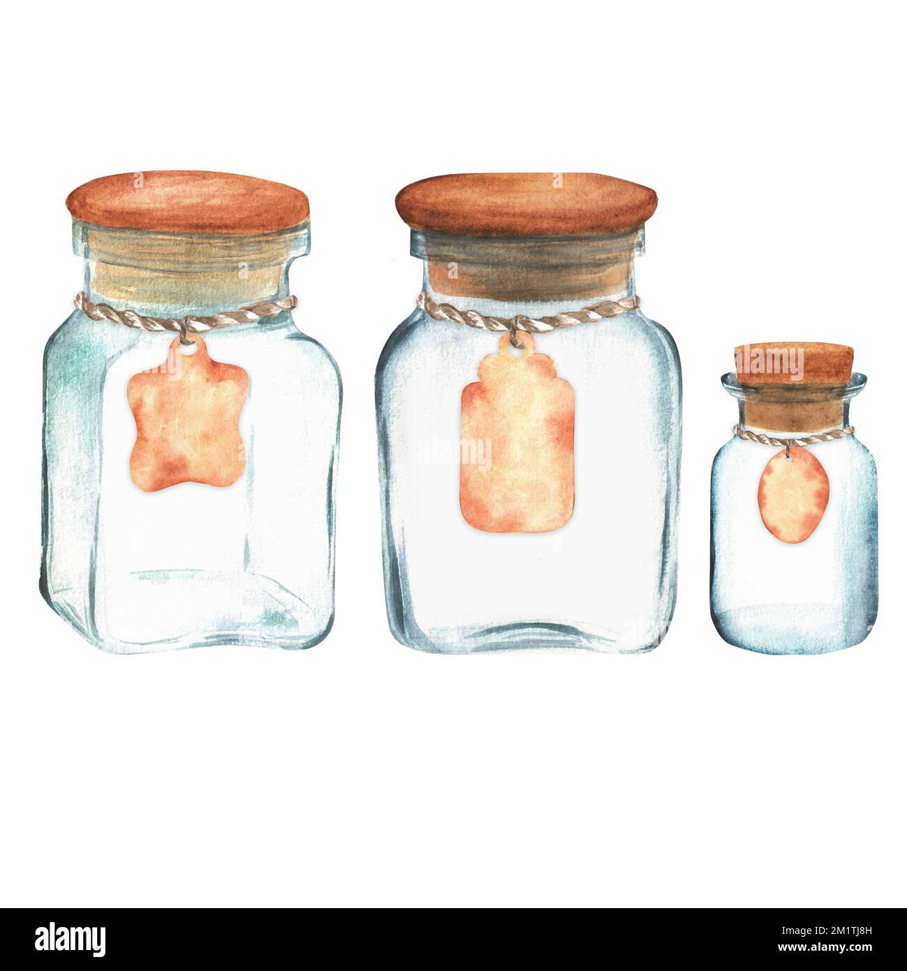 Handgezeichnete Gläser aus Aquarellglas mit Anhängern. Drei Objekte hintereinander. Das ist ein Teil der großen Sammlung indischer Gewürze Stockfoto