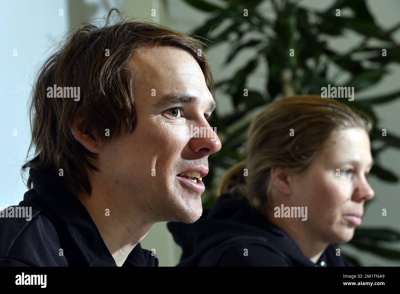 20140127 Uhr - BRÜSSEL, BELGIEN: Pressekonferenz im Vorfeld der Olympischen Winterspiele von Sotschi in Russland, Montag, 27. Januar 2014 in Brüssel. Katrien Aerts wird an der Freestyle Skidisziplin teilnehmen. BELGA FOTO ERIC LALMAND Stockfoto