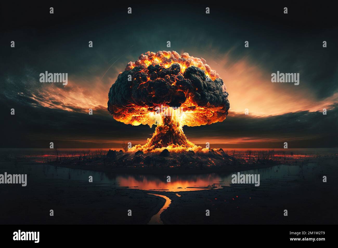 Gruselige Atomexplosion mit Pilzwolke und Feuer im Dunkeln. Atomwaffen und die Apokalypse. Der 3. Weltkrieg Stockfoto