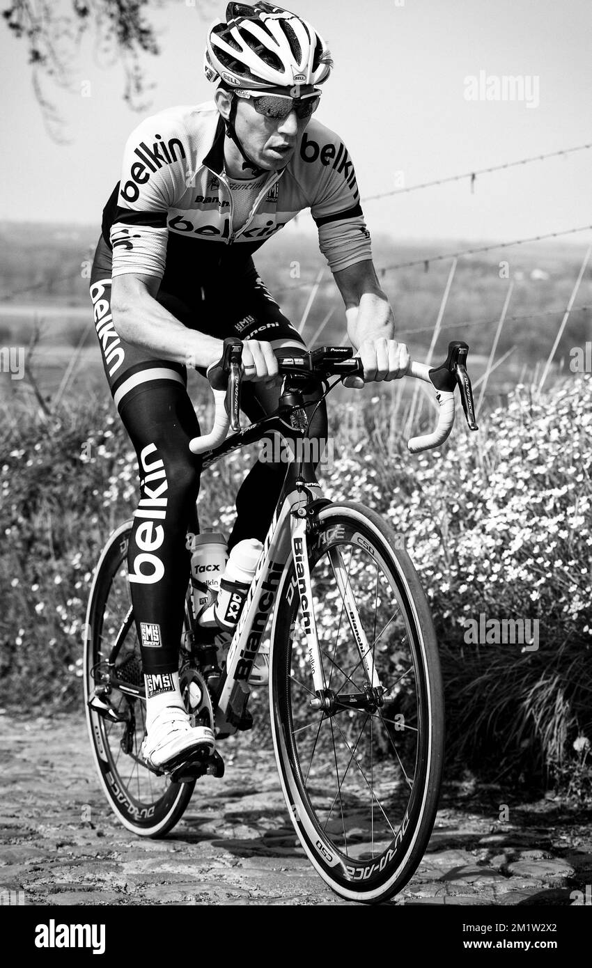 Belgische Sep Vanmarcke vom Belkin Pro Radsportteam in Aktion während einer Aufklärungsreise für das eintägige Radrennen „Ronde van Vlaanderen - Tour des Flandres - Tour of Flanders“ am nächsten Sonntag in Oudenaarde, Belgien. Stockfoto