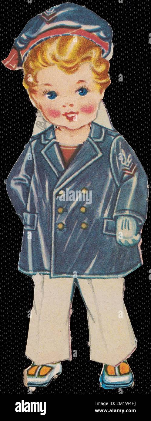 Billy Papierpuppe in Outfits, Schuhen, Mützen, Schlafkleidung, Uniformen, Matrosen. Phyllis Tyler Puppensammlung Aus Papier Stockfoto