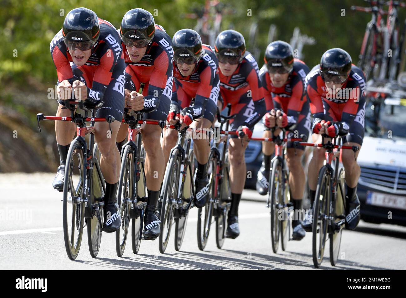 BMC Racing Team Riders während der Mannschaftszeit der Männer bei der UCI World Cycling Championship in Ponferrada, Spanien, am Sonntag, den 21. September 2014. Stockfoto