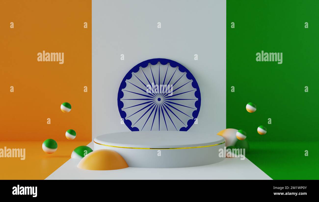 Isoliertes Produktpodium für den Tagesverkauf in der Indischen republik 3D Abbildung Hintergrunddesign, Konzeptdesign für den 26. Januar Festtagsausverkauf auf eCommerce Stockfoto