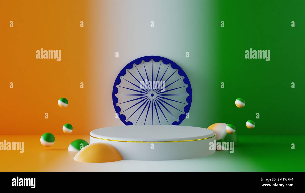 3D-Podium für Produktverkäufe am Indian republic Day oder Präsentation in sozialen Medien, Plattform für die Werbung für den Festverkauf am Unabhängigkeitstag Stockfoto