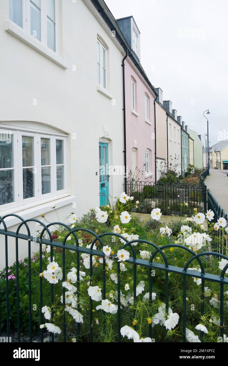 Hübsche Gartenanlagen entlang einer Terrasse mit Häusern auf der Straße Kosti Veur Woles, Nansledan, ein Bauwerk des Herzogtums Cornwall in Newquay, England, Großbritannien Stockfoto