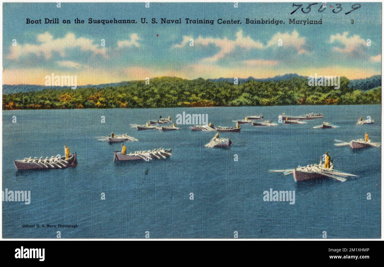 Bootsübung auf dem Susquehanna, U.S. Naval Training Center, Bainbridge, Maryland, Flüsse, Boote, Tichnor Brothers Collection, Postkarten der Vereinigten Staaten Stockfoto