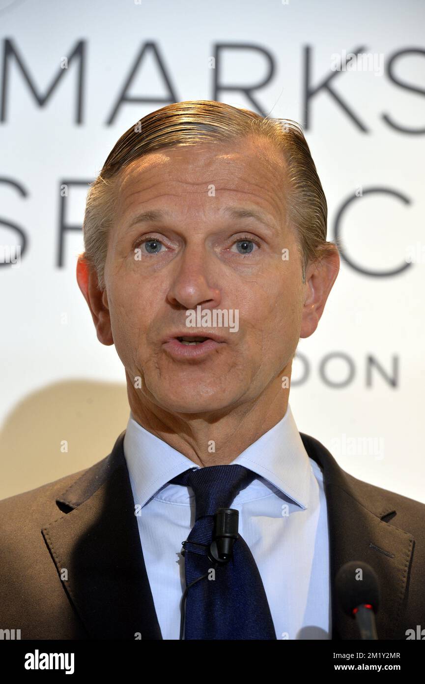 Marc Bolland von Marks & Spencer hält eine Rede anlässlich der Eröffnung eines Marks & Spencer Stores am Donnerstag, den 07. Mai 2015 in Brüssel. Stockfoto