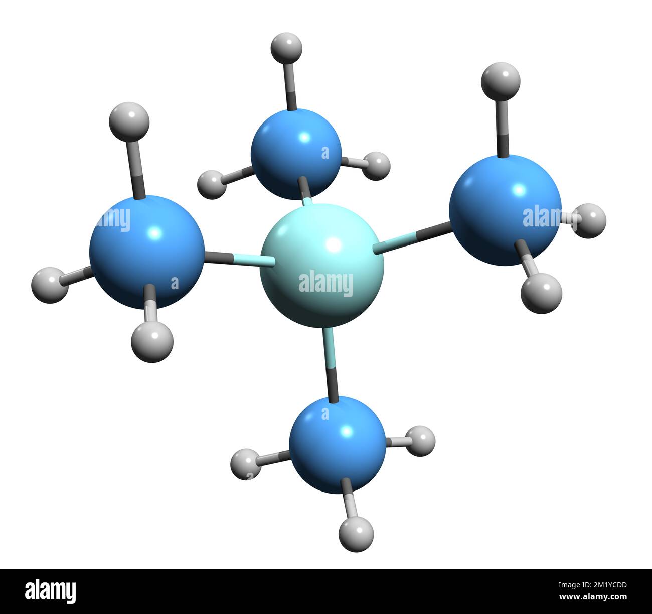 3D-Bild der Tetramethylsilan-Skelettformel - molekularchemische Struktur der organischen Siliziumverbindung isoliert auf weißem Hintergrund Stockfoto