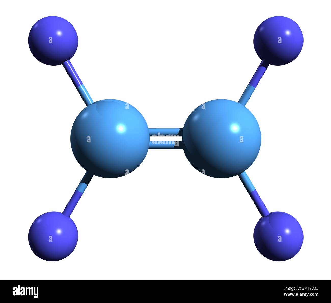 3D-Bild der Tetrafluorethylen-Skelettformel - molekularchemische Struktur von Perfluorethylen isoliert auf weißem Hintergrund Stockfoto