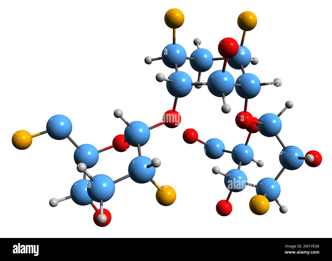 3D-Bild einer Tobramycin-Skelettformel - molekularchemische Struktur eines auf weißem Hintergrund isolierten Aminoglykosid-Antibiotikums Stockfoto