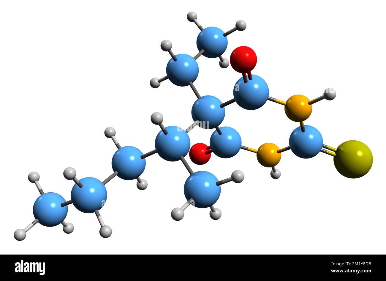 3D-Bild der thiopentalen Skelettformel - molekularchemische Struktur von kurzwirkendem Barbiturat, isoliert auf weißem Hintergrund Stockfoto