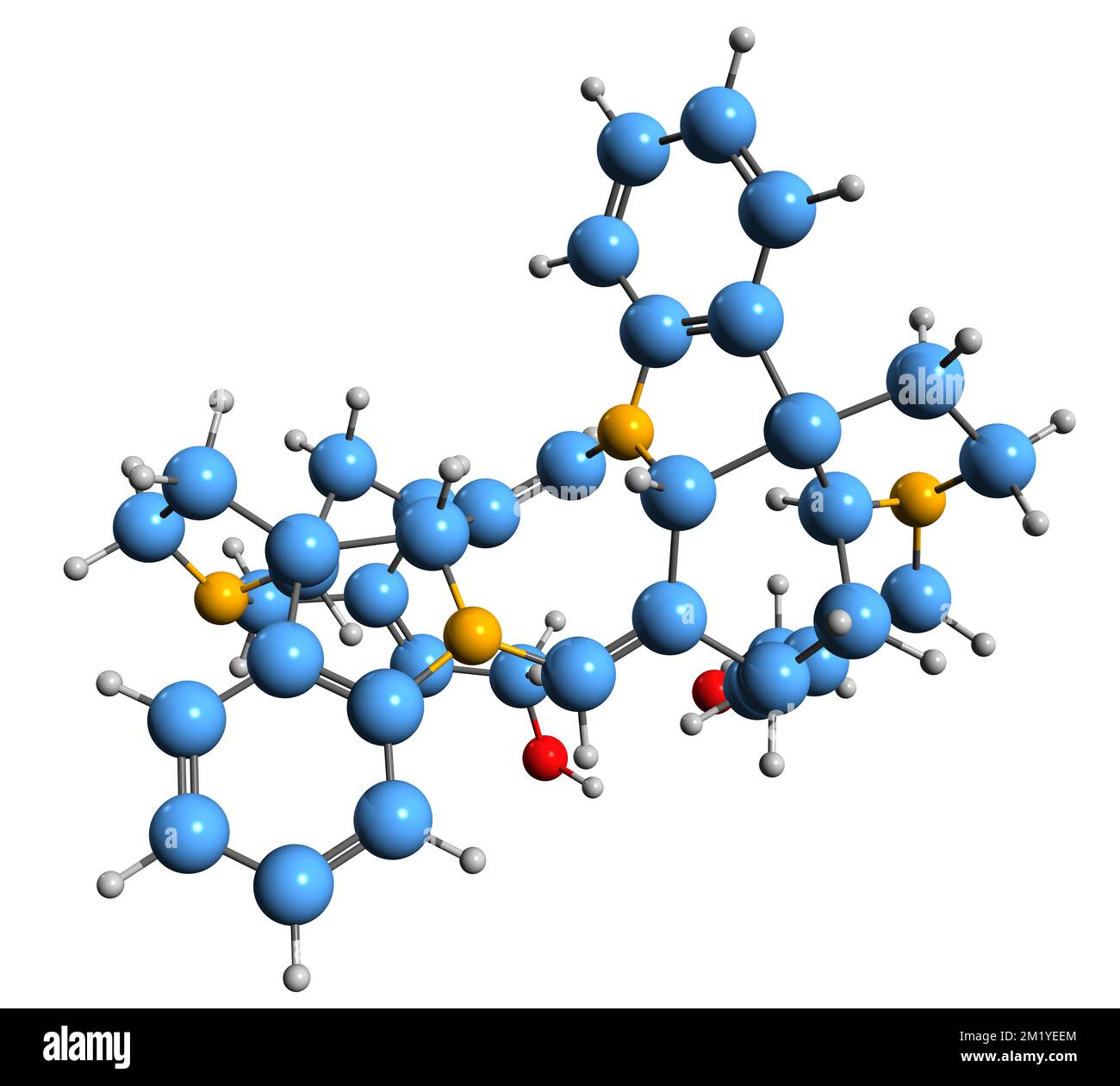 3D-Bild der Toxiferin-Skelettformel - molekularchemische Struktur des auf weißem Hintergrund isolierten Curare-Toxins Stockfoto