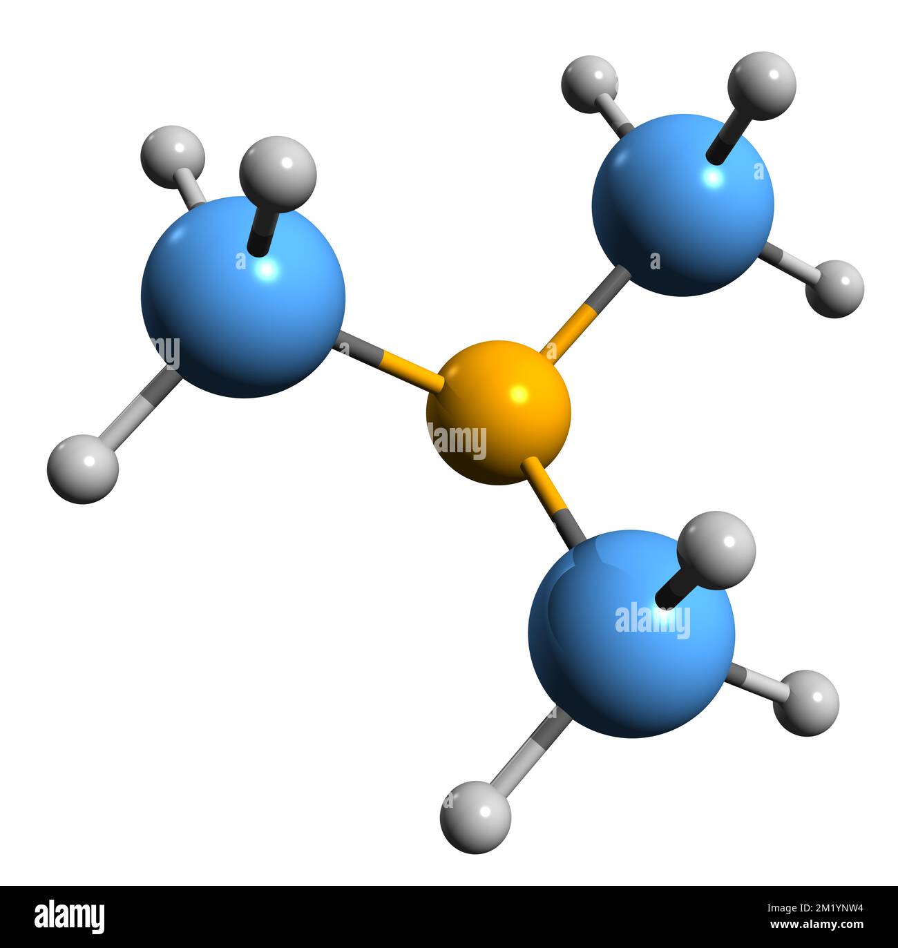3D-Bild der Trimethylamin-Skelettformel - molekularchemische Struktur des auf weißem Hintergrund isolierten TMA Stockfoto