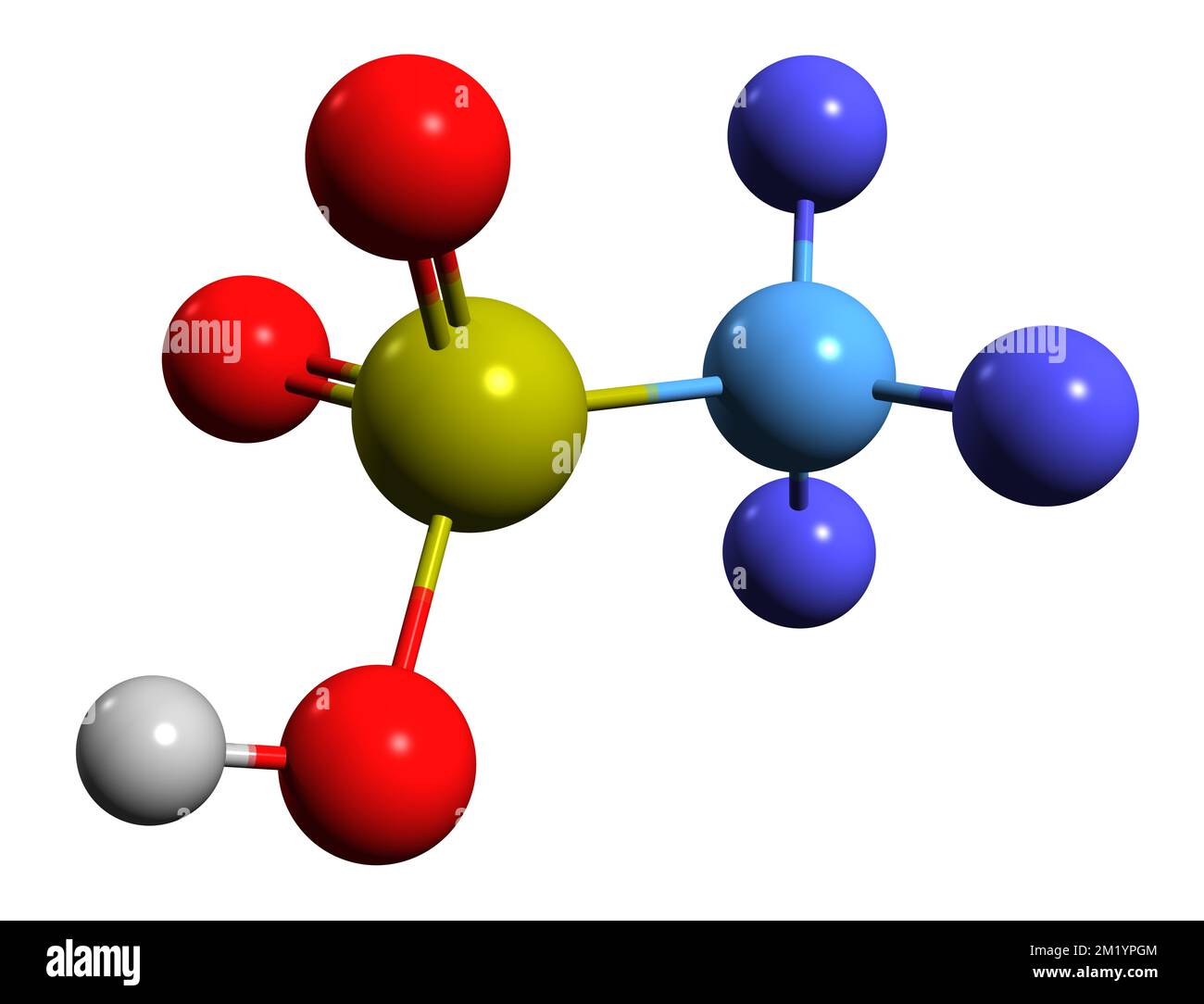 3D-Bild einer Trifluormethansulfonsäure-Skelettformel - molekularchemische Struktur von Triflinsäure isoliert auf weißem Hintergrund Stockfoto