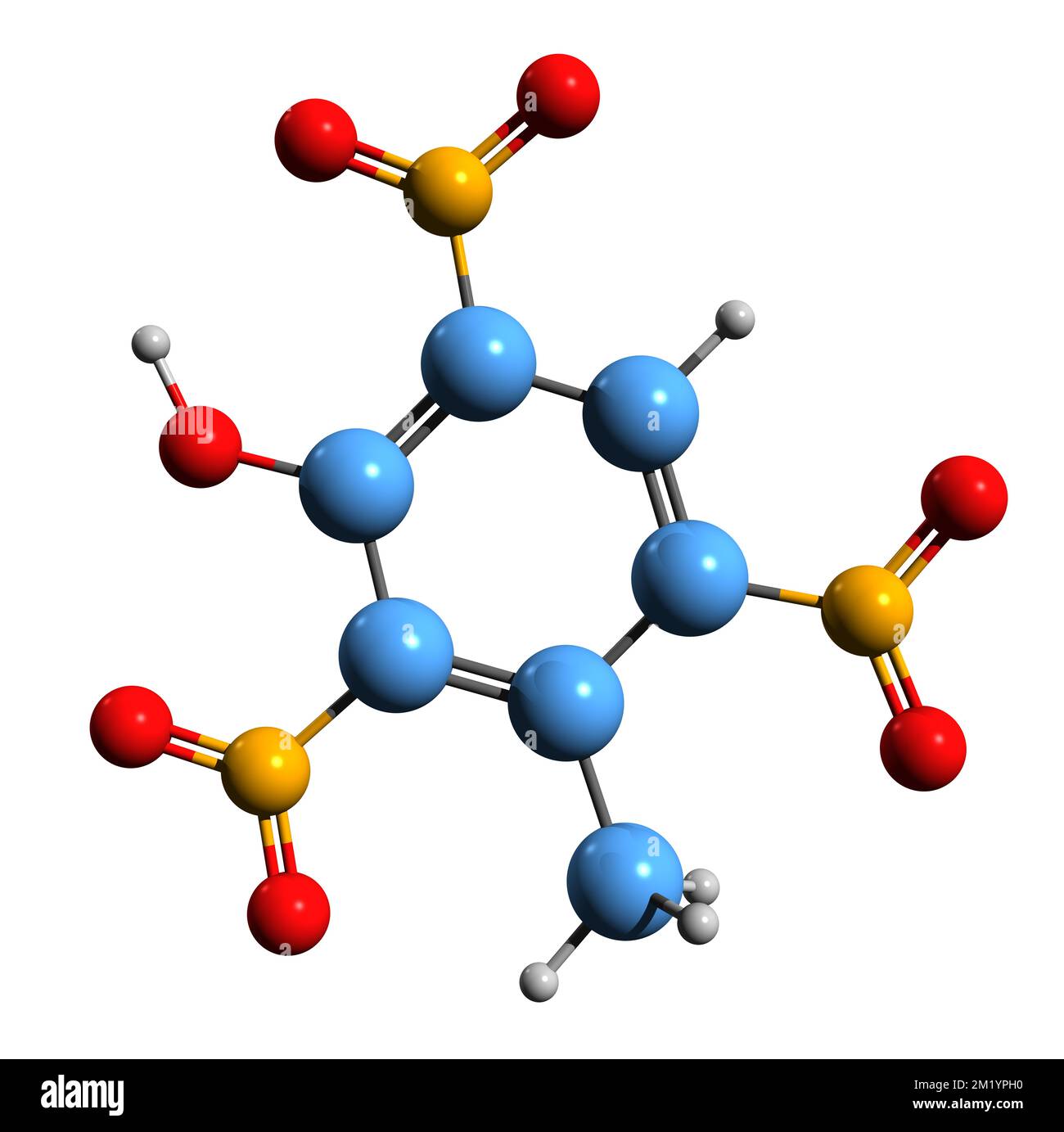 3D-Bild einer Trinitrokresol-Skelettformel - molekularchemische Struktur einer auf weißem Hintergrund isolierten explosiven Substanz Stockfoto