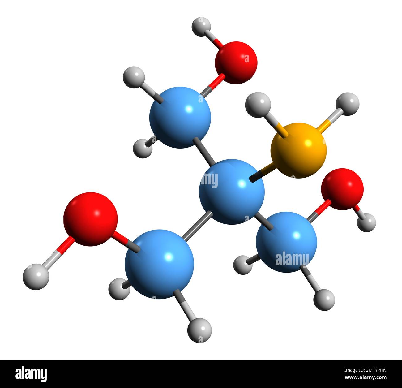 3D-Bild der Tris-Puffer-Skelettformel - molekularchemische Struktur von Trisamin, isoliert auf weißem Hintergrund Stockfoto