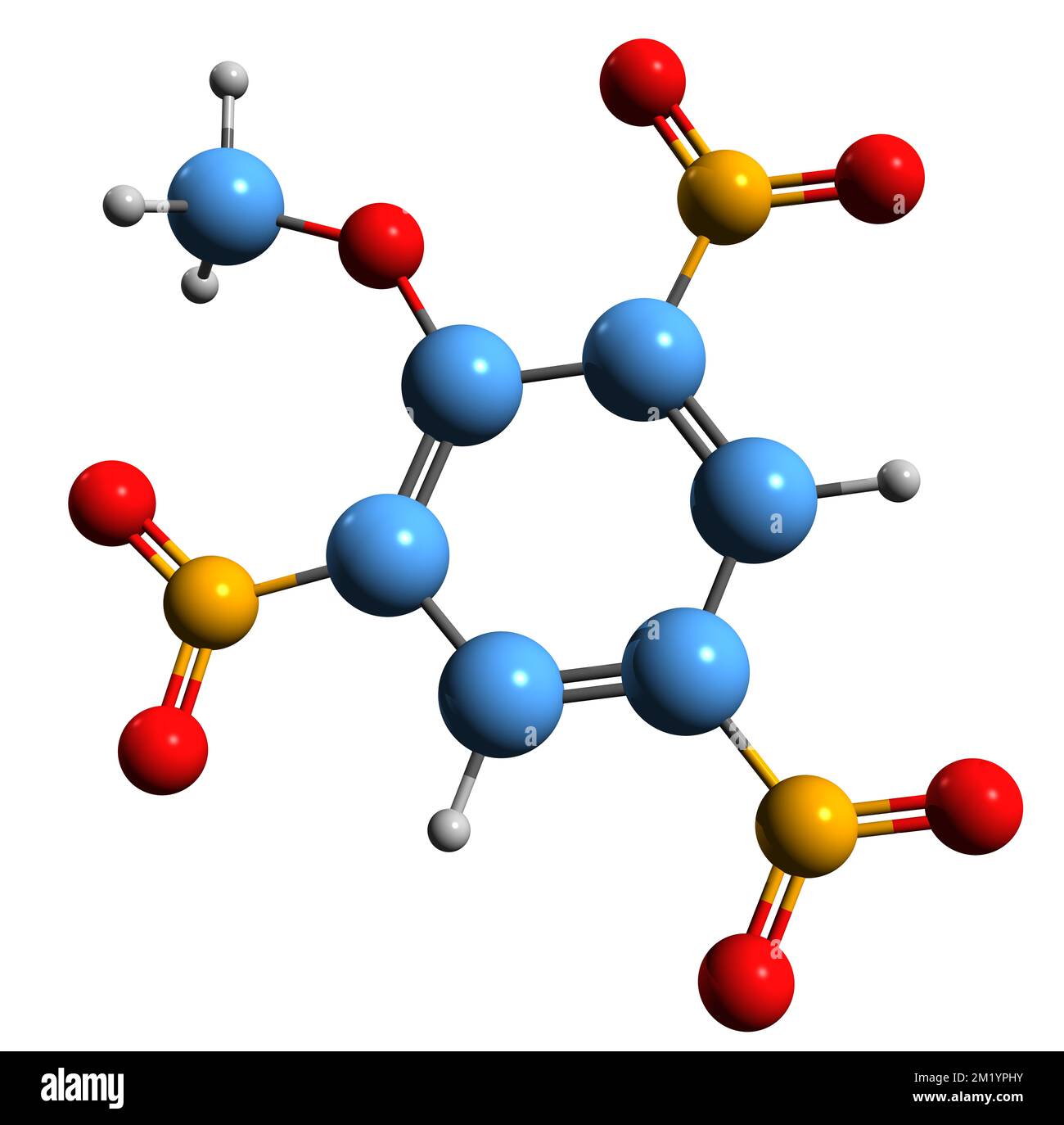 3D-Bild der Trinitroanisol-Skelettformel - molekularchemische Struktur von Pikrinsäuremethylether isoliert auf weißem Hintergrund Stockfoto