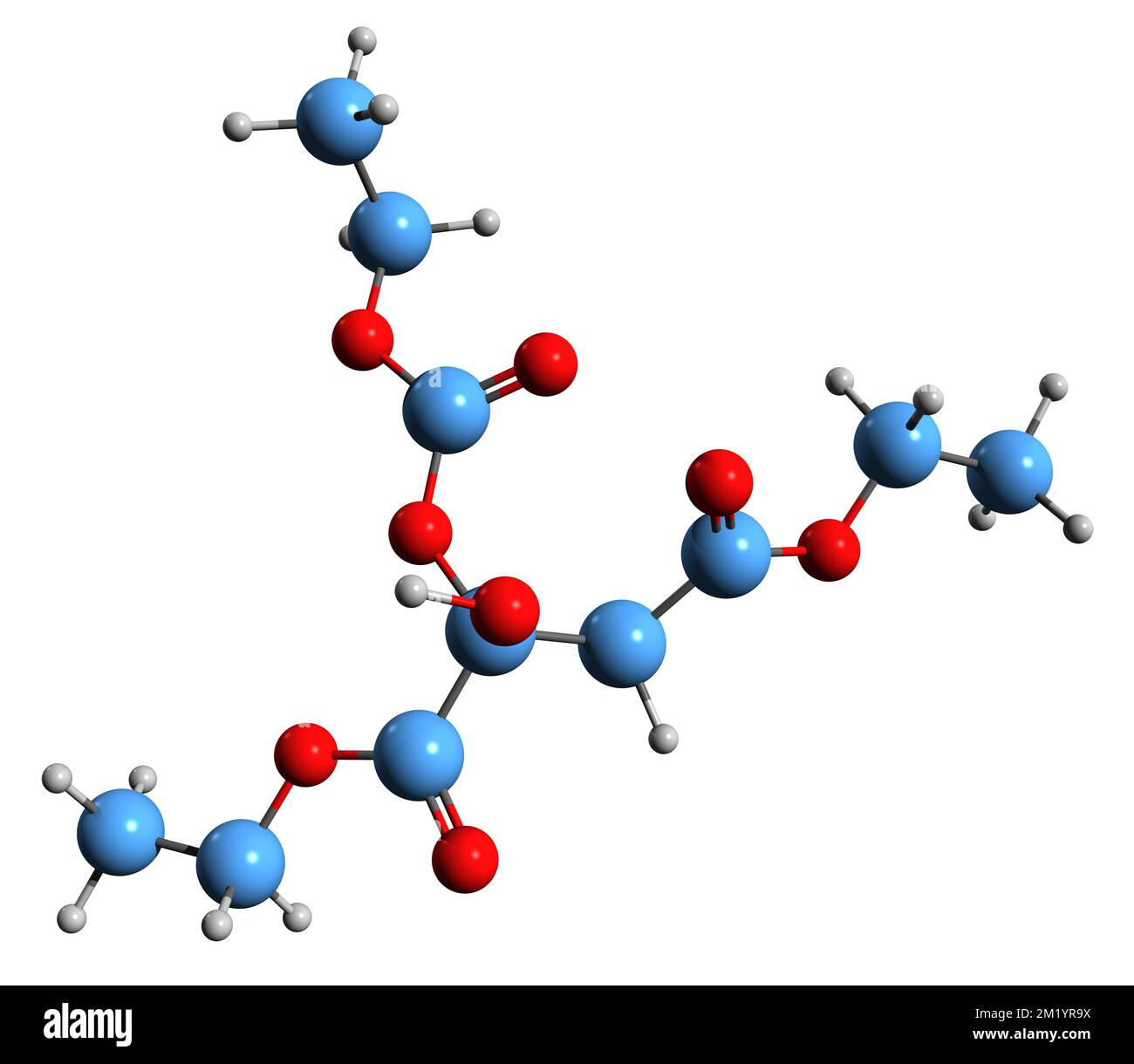3D-Bild der Triethylcitrat-Skelettformel - molekularchemische Struktur des auf weißem Hintergrund isolierten Citronensäureäthylesters Stockfoto