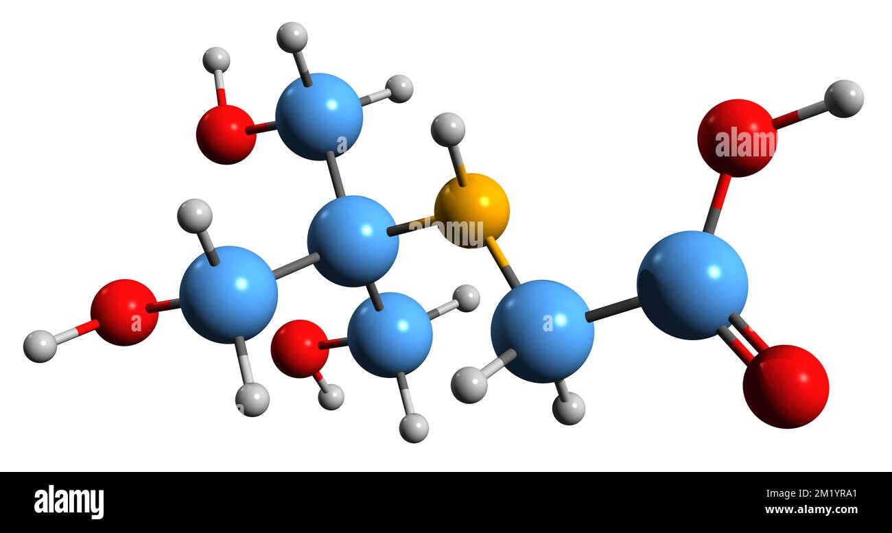 3D-Bild der Tricine-Skelettformel – molekularchemische Struktur des auf weißem Hintergrund isolierten Puffernetzes Stockfoto