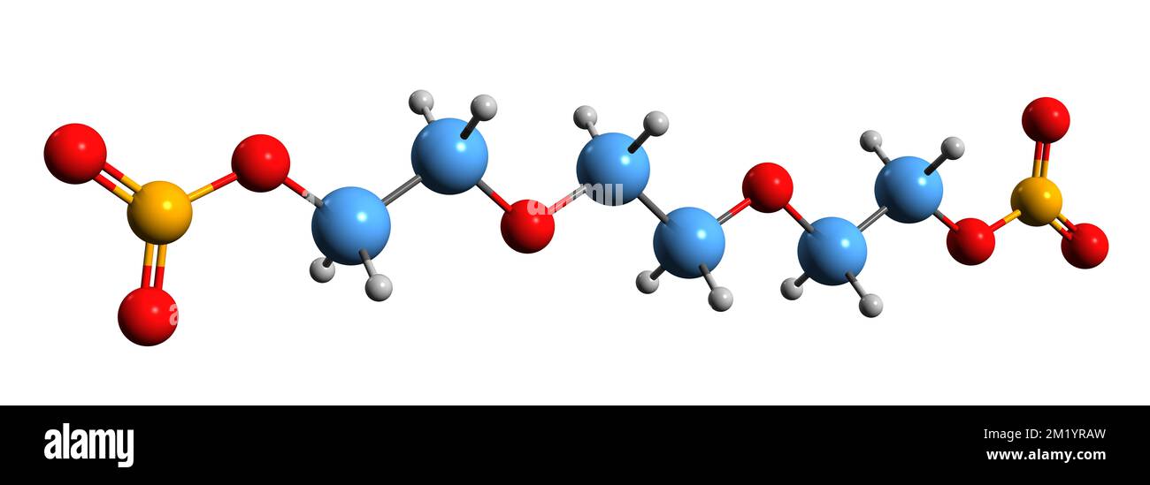 3D-Bild der Triethylenglykoldinitrat-Skelettformel - molekularchemische Struktur des energetischen Weichmachers TEGDN isoliert auf weißem Hintergrund Stockfoto