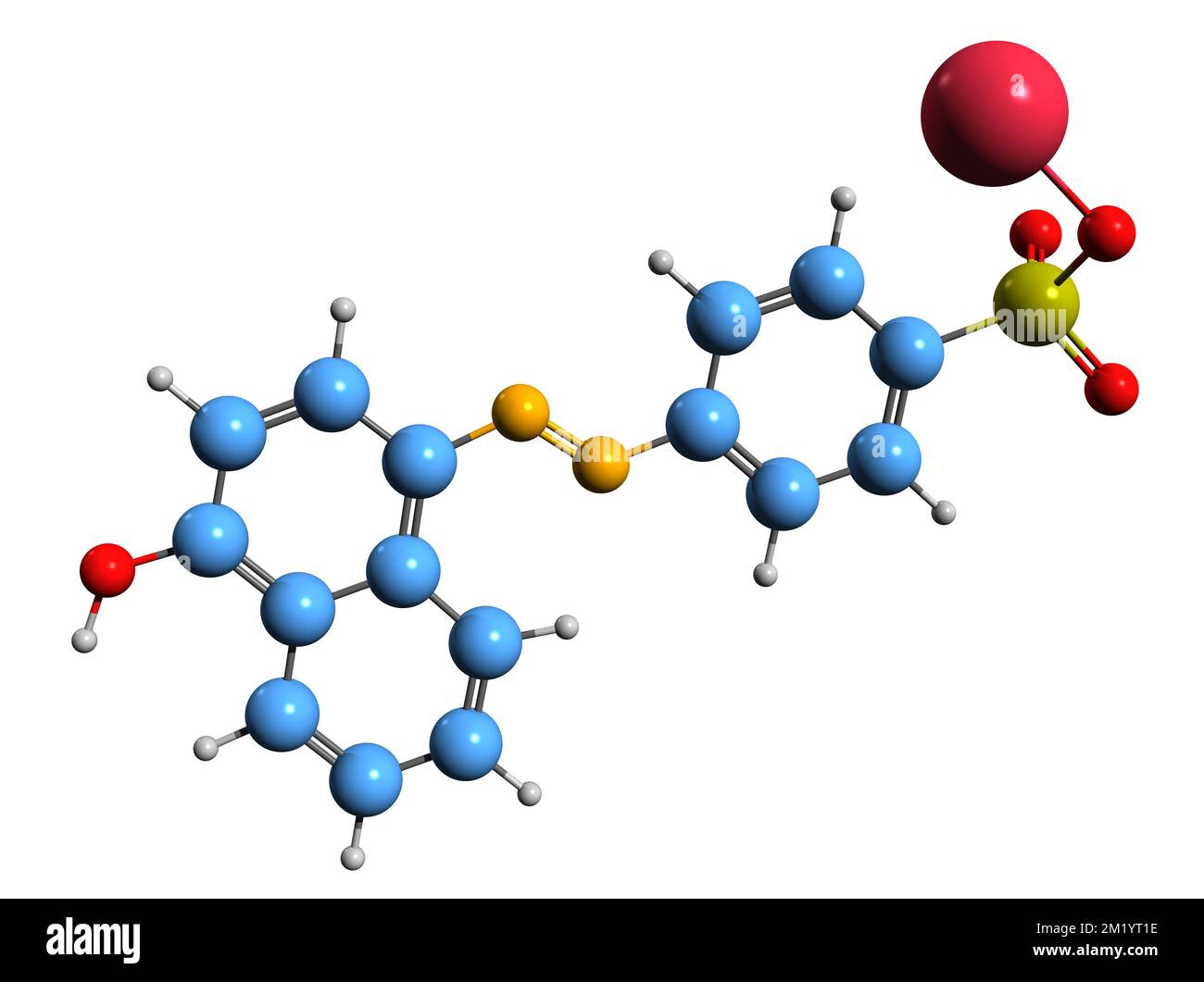 3D-Bild der Tropaeolin-OOO1-Skelettformel - molekularchemische Struktur von Acid Orange 20 isoliert auf weißem Hintergrund Stockfoto