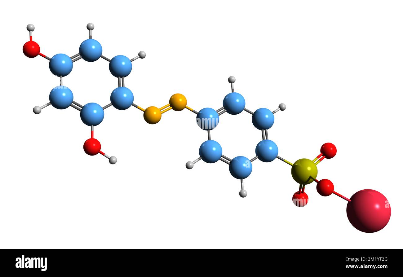 3D-Bild der Tropaeolin-0-Skelettformel – molekularchemische Struktur von Food Yellow 8, isoliert auf weißem Hintergrund Stockfoto