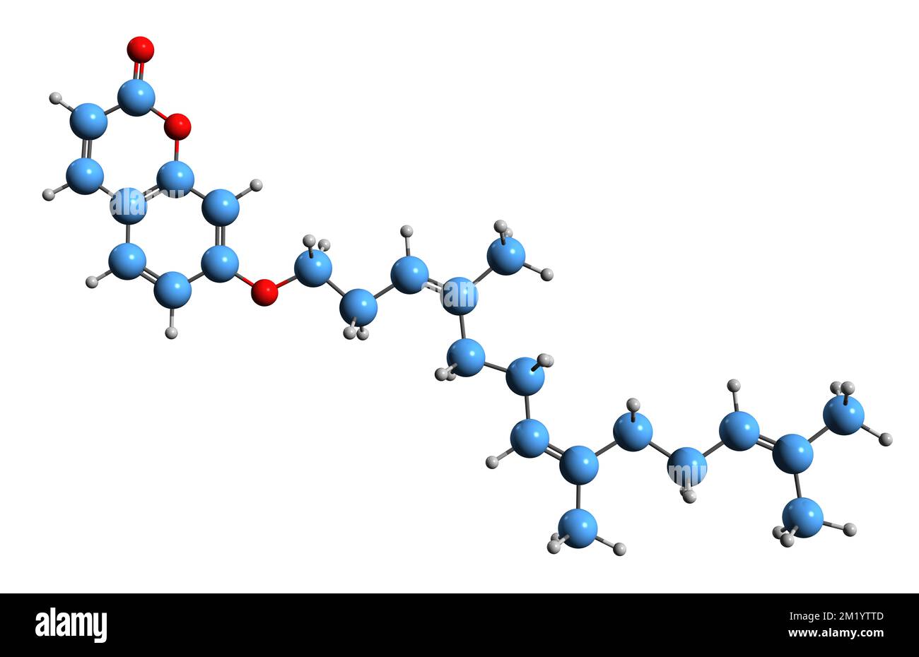 3D-Bild einer Umbelliprenin-Skelettformel - molekularchemische Struktur von Oxyfurocumarin, isoliert auf weißem Hintergrund Stockfoto