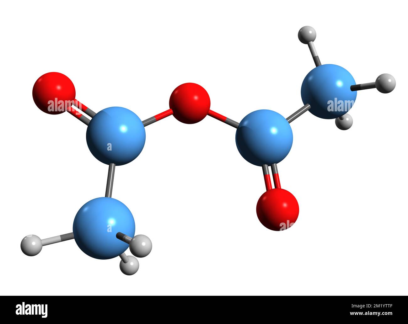 3D-Bild der Essigsäureanhydrid-Skelettformel - molekularchemische Struktur des auf weißem Hintergrund isolierten Essigsäureanhydrids Stockfoto