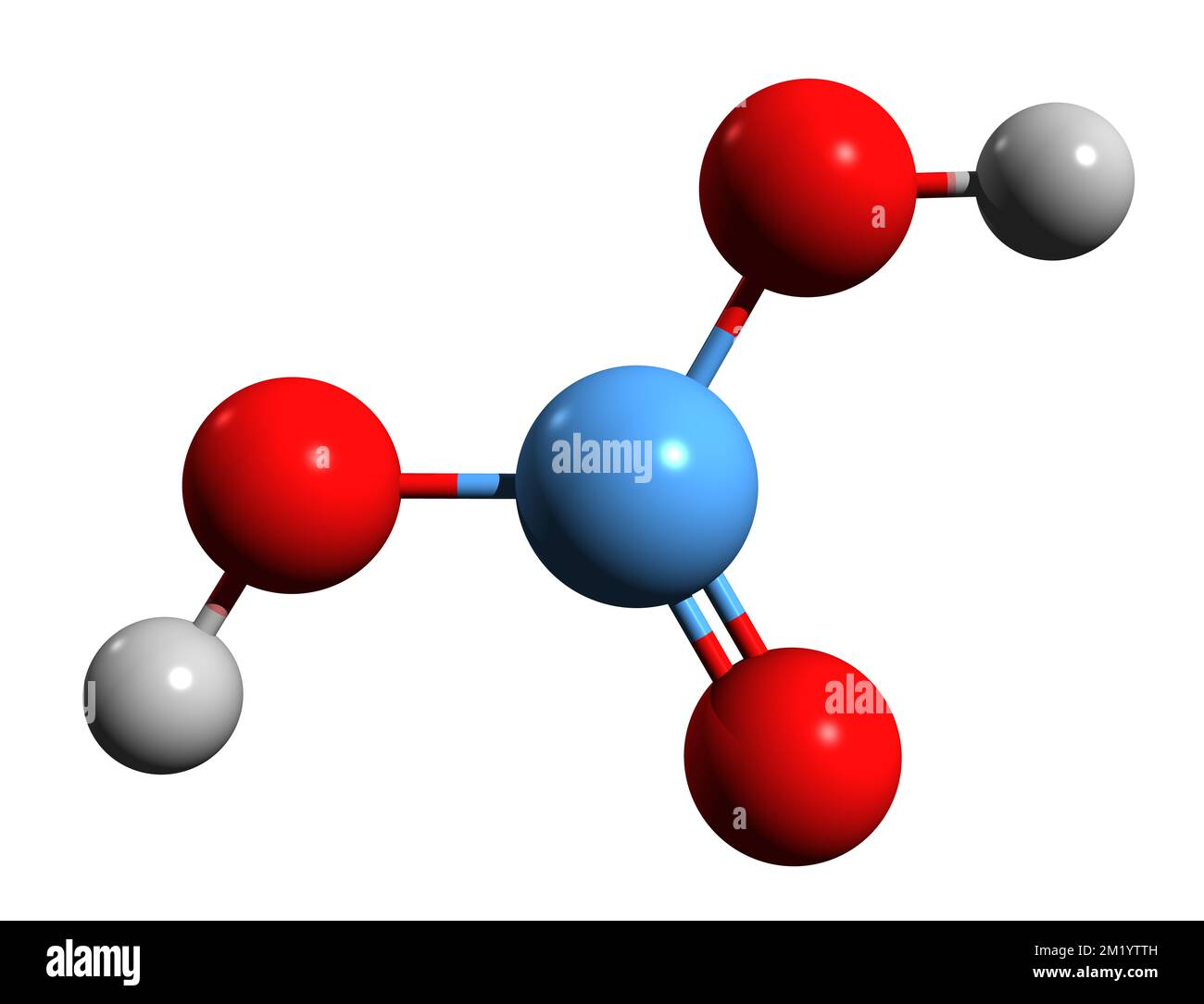 3D-Bild einer Kohlensäure-Skelettformel - molekularchemische Struktur der auf weißem Hintergrund isolierten Hydroxyameisensäure Stockfoto