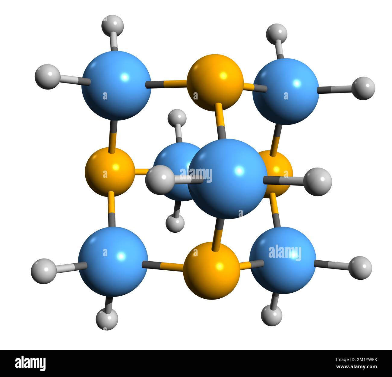 3D-Bild der Hexamethylentetramin-Skelettformel - molekularchemische Struktur von Hexamin isoliert auf weißem Hintergrund Stockfoto