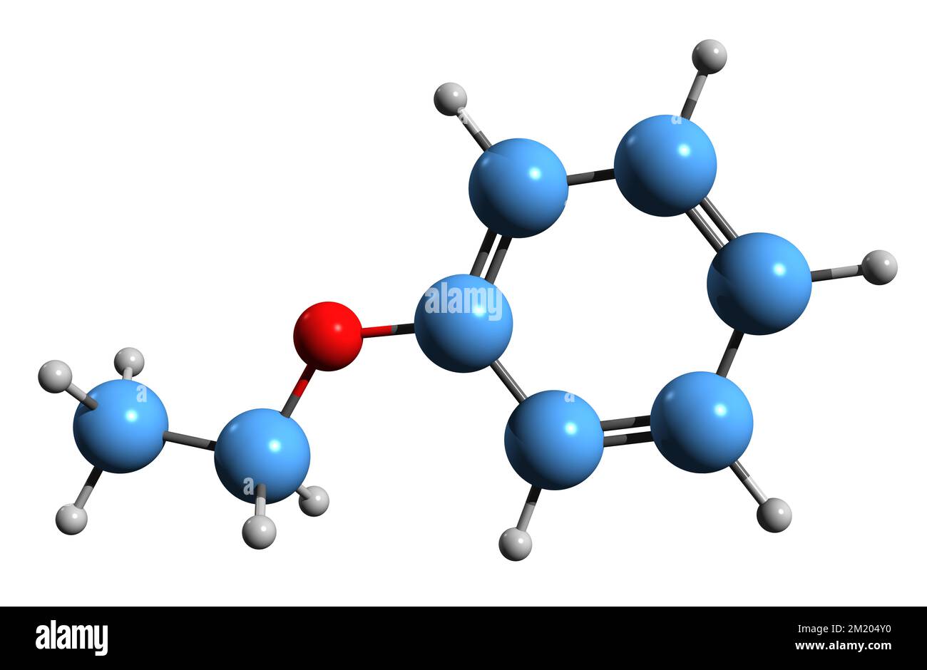 3D-Bild einer Ethylphenylether-Skelettformel - molekularchemische Struktur von auf weißem Hintergrund isoliertem Ethoxybenzol Stockfoto