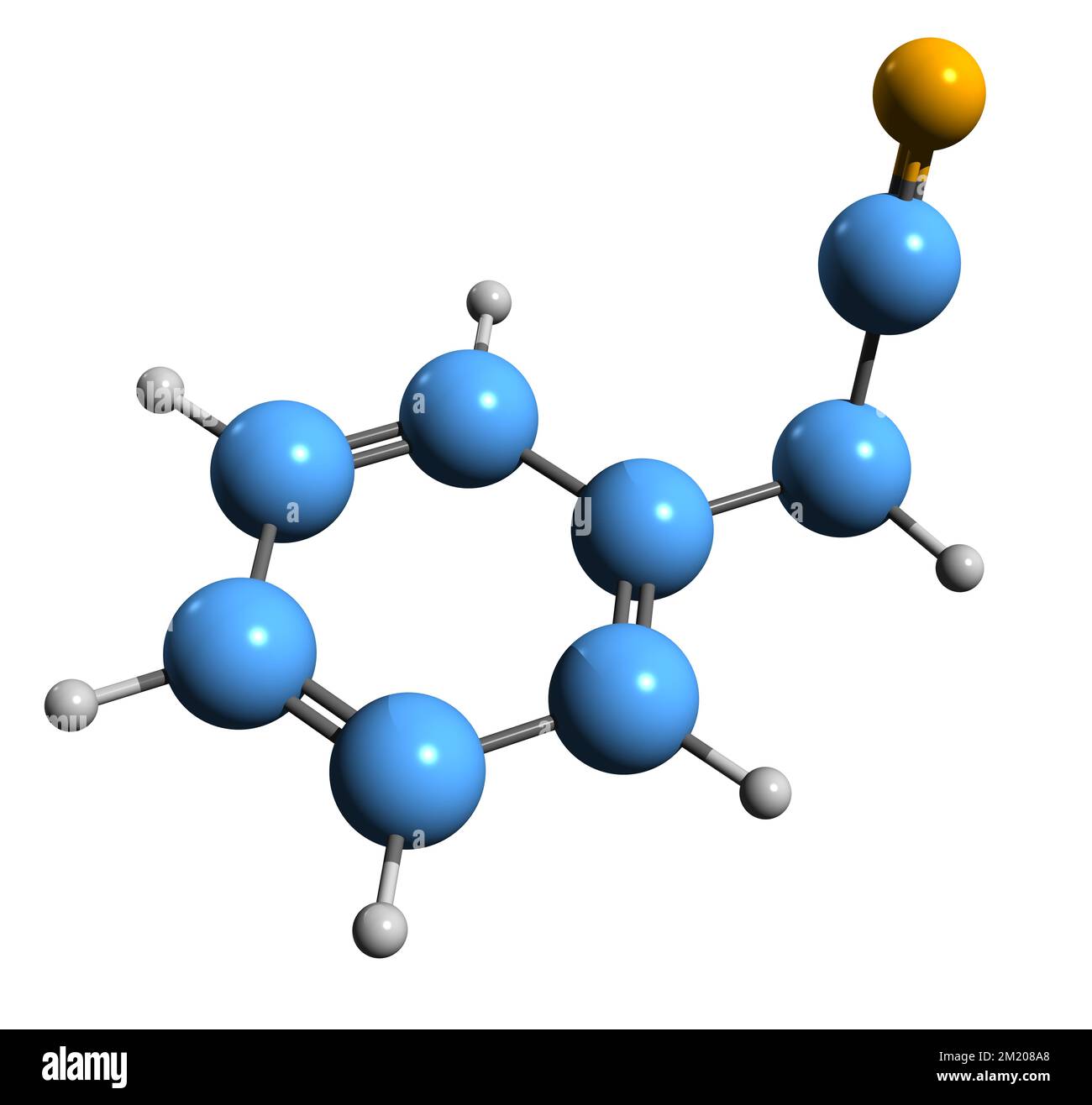 3D-Bild der Benzylcyanid-Skelettformel - molekularchemische Struktur von Benzylnitril isoliert auf weißem Hintergrund Stockfoto