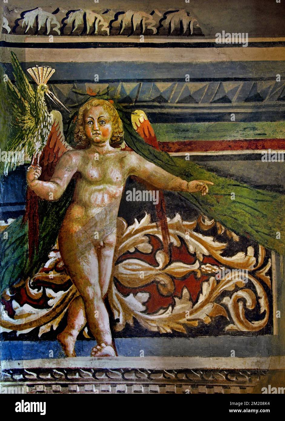 Lorenzo di Pietro il Vecchietta, ein Stück Wandschmuck mit Putto und Soffitton. Christliche Kunst, Italien, Italienisch. Nationale Kunstgalerie von Siena. Stockfoto