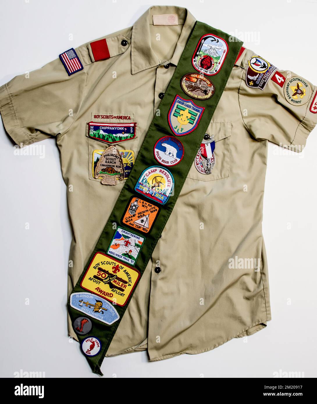 Pfadfinderuniform Sash and Shirt, Pfadfinder von Amerika. Westborough Stockfoto