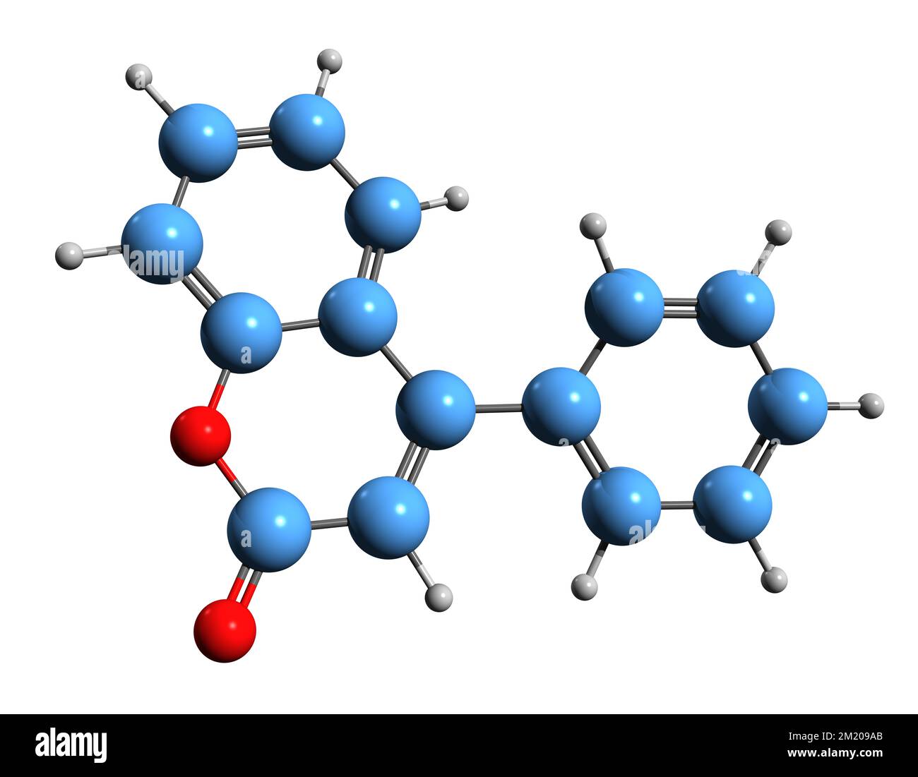 3D-Bild einer Phenylcumarin-Skelettformel - molekularchemische Struktur von Neoflavon isoliert auf weißem Hintergrund Stockfoto