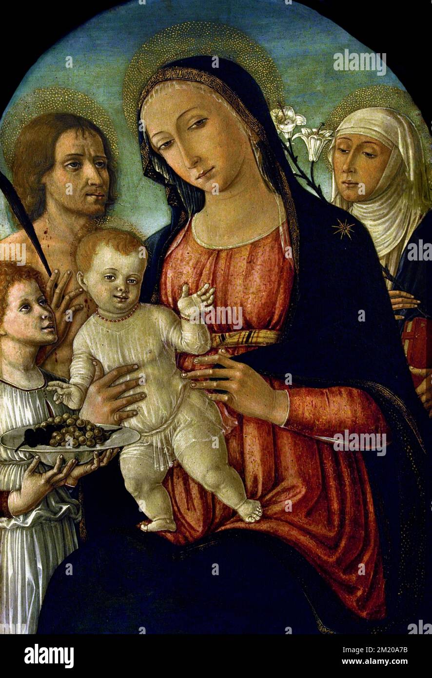 La Madonna col Bambino - die Madonna und das Kind, San Sebastian, St. Katharina von Siena und ein Engel von Matteo di Giovanni 1433-1495 Christian Art, Italien, Italienisch. Stockfoto