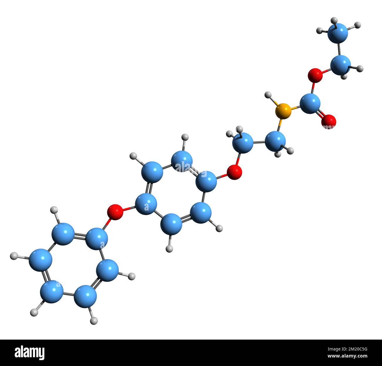 3D-Bild der Fenoxycarb-Skelettformel - molekularchemische Struktur eines auf weißem Hintergrund isolierten Carbamat-Insekten-Wachstumsreglers Stockfoto