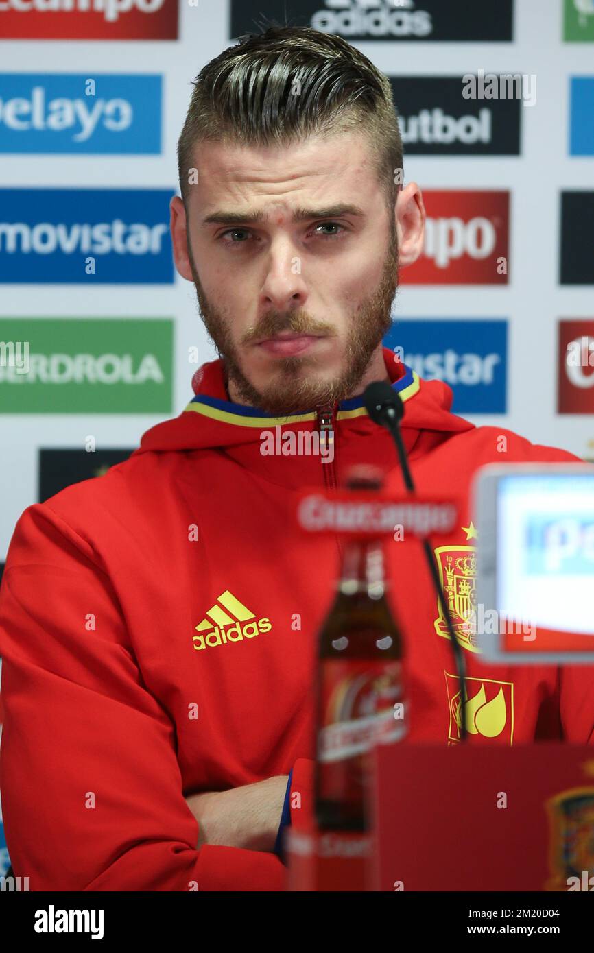 20151116 Uhr – BRÜSSEL, BELGIEN: Spanischer Torwart David de Gea, Foto auf einer Pressekonferenz der spanischen Fußballnationalmannschaft am Montag, den 16. November 2015 in Brüssel. Morgen spielt Spanien die Red Devils, die belgische Nationalmannschaft, in Vorbereitung der Europameisterschaft EURO2016. BELGA FOTO BRUNO FAHY Stockfoto
