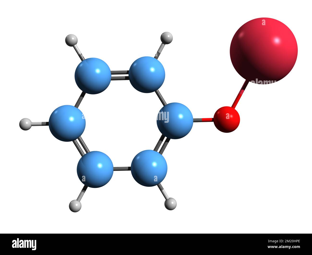 3D-Bild einer Natriumphenoxid-Skelettformel - molekularchemische Struktur von Natriumphenolat isoliert auf weißem Hintergrund Stockfoto