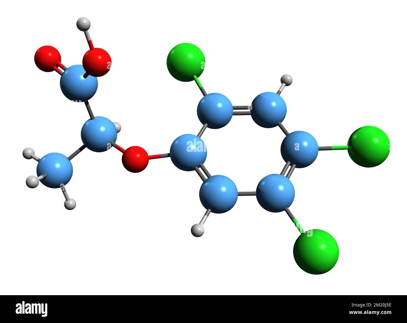 3D-Bild einer Fenoprop-Skelettformel - molekularchemische Struktur eines auf weißem Hintergrund isolierten Phenoxy-Herbizids Stockfoto
