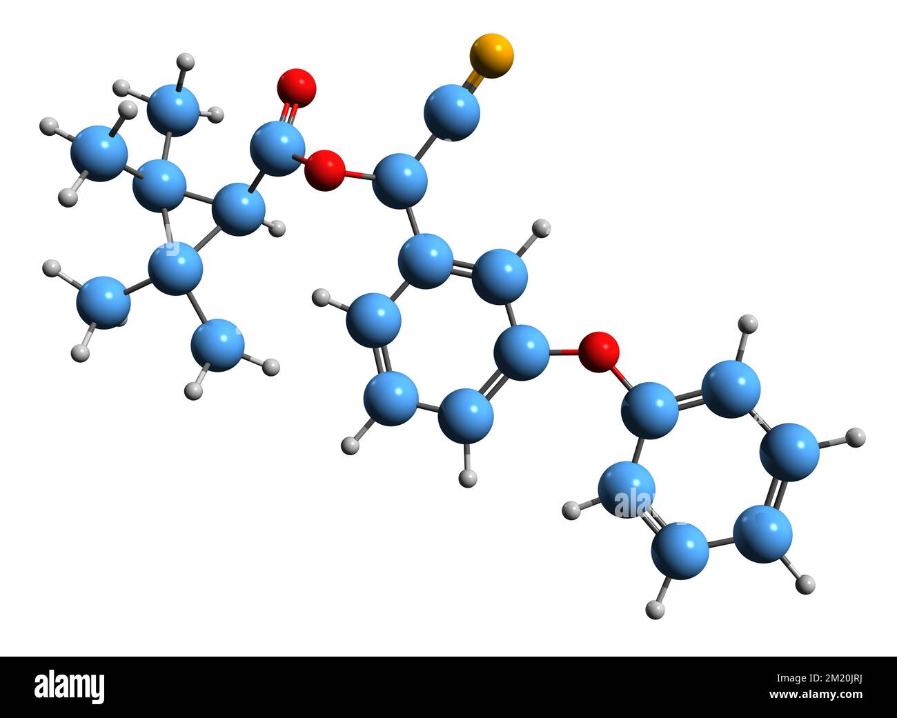 3D-Bild der Fenpropathrin-Skelettformel - molekularchemische Struktur des auf weißem Hintergrund isolierten Pyrethroid-Insektizids Stockfoto