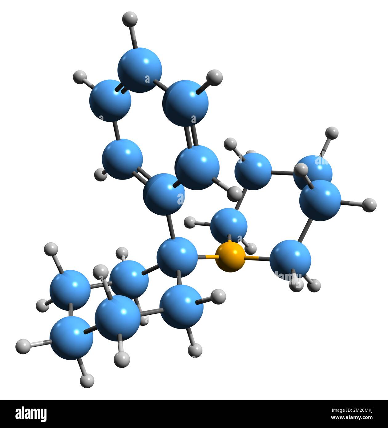 3D-Bild einer Phencyclidin-Skelettformel - molekularchemische Struktur von Phenylcyclohexylpiperidin isoliert auf weißem Hintergrund Stockfoto